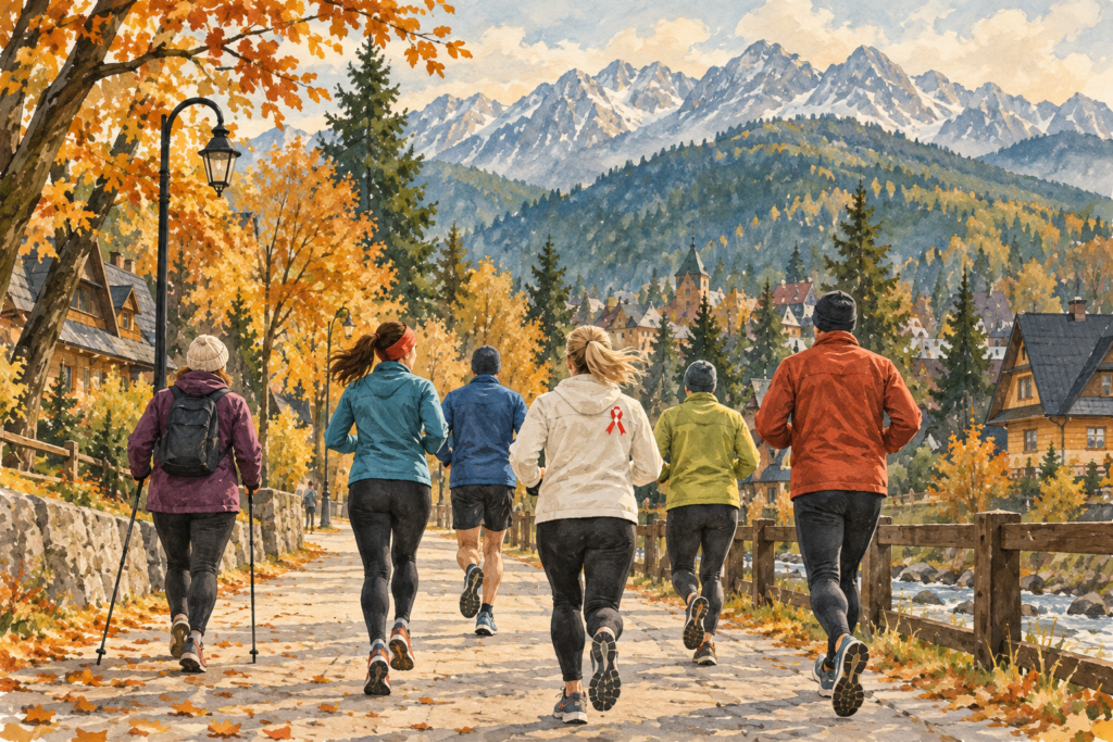 Zakopiański Bieg Niepodległości - malarska ilustracja biegaczy i uczestnika nordic walking na tle Podhala.