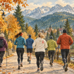 Zakopiański Bieg Niepodległości - malarska ilustracja biegaczy i uczestnika nordic walking na tle Podhala.