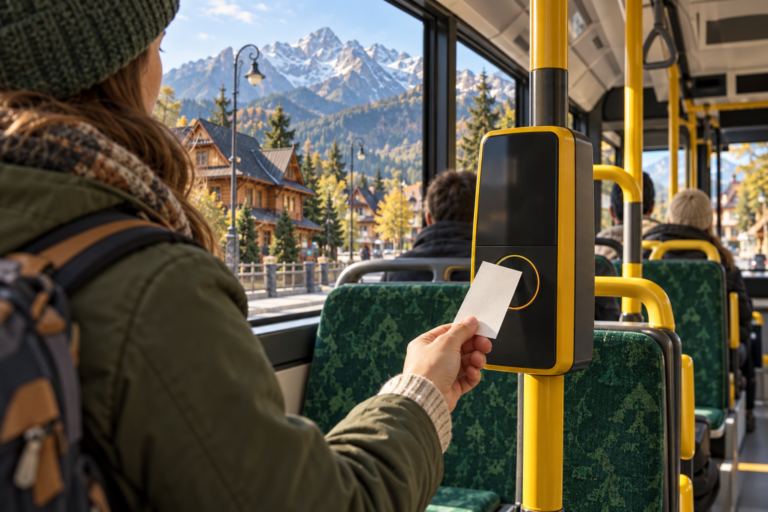 Bilety MPK Zakopane - ilustracja pasażera z papierowym biletem przy kasowniku autobusu