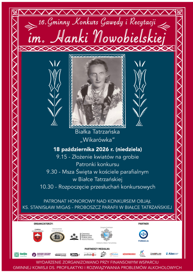 konkurs gawędy - Oficjalny plakat konkursu gawędy i recytacji w Białce Tatrzańskiej 18 października 2026