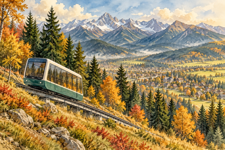 Panorama Tatr widziana ze wzgórza nad Zakopanem, z ilustracyjnym motywem kolei linowo-terenowej.