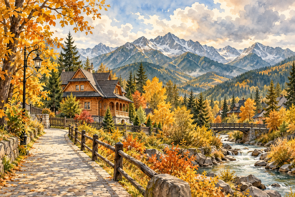 Jesienny pobyt w Zakopanem: kolorowe drzewa, drewniana architektura i Tatry w oddali.