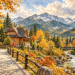 Jesienny pobyt w Zakopanem: kolorowe drzewa, drewniana architektura i Tatry w oddali.