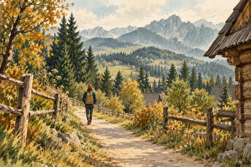 Krzeptówki Zakopane - malarska ilustracja spokojnego spaceru wśród drewnianych ogrodzeń na tle podhalańskich wzgórz.
