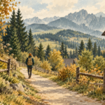 Krzeptówki Zakopane - malarska ilustracja spokojnego spaceru wśród drewnianych ogrodzeń na tle podhalańskich wzgórz.