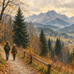 Zakopane w listopadzie - malarska ilustracja spokojnego spaceru w ciepłych ubraniach na tle jesiennego Podhala.