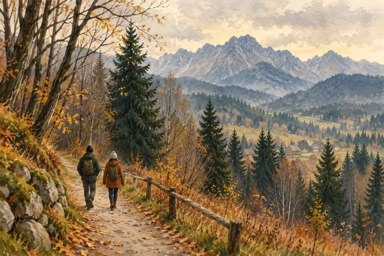 Zakopane w listopadzie - malarska ilustracja spokojnego spaceru w ciepłych ubraniach na tle jesiennego Podhala.
