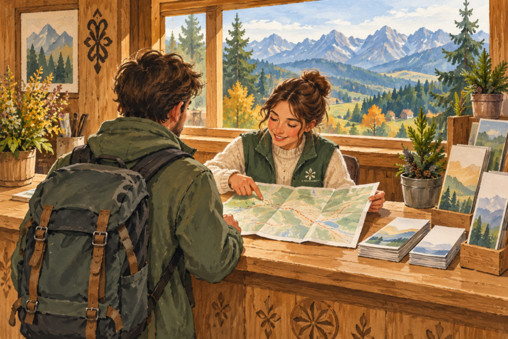Informacja turystyczna Zakopane - malarska ilustracja turysty z mapą przy drewnianej ladzie na tle Tatr.