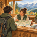 Informacja turystyczna Zakopane - malarska ilustracja turysty z mapą przy drewnianej ladzie na tle Tatr.