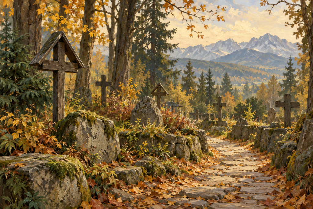 Spokojna wizyta na Pęksowym Brzyzku - Pęksowy Brzyzek - symboliczna malarska ilustracja cichej alejki cmentarnej w jesiennym krajobrazie Podhala.