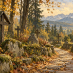 Spokojna wizyta na Pęksowym Brzyzku - Pęksowy Brzyzek - symboliczna malarska ilustracja cichej alejki cmentarnej w jesiennym krajobrazie Podhala.