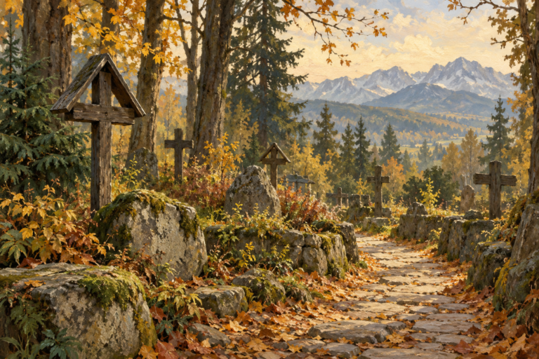 Spokojna wizyta na Pęksowym Brzyzku - Pęksowy Brzyzek - symboliczna malarska ilustracja cichej alejki cmentarnej w jesiennym krajobrazie Podhala.