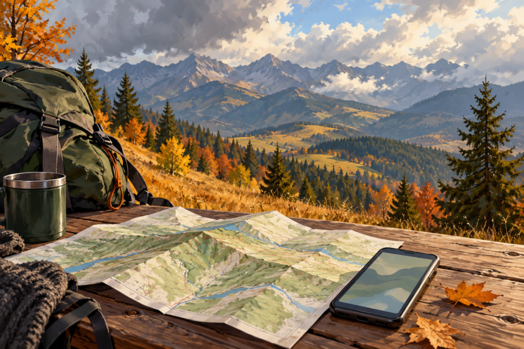 Tatry jesienią komunikaty - malarska ilustracja mapy, telefonu i plecaka na tle gór oraz zmiennych chmur.