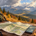 Tatry jesienią komunikaty - malarska ilustracja mapy, telefonu i plecaka na tle gór oraz zmiennych chmur.
