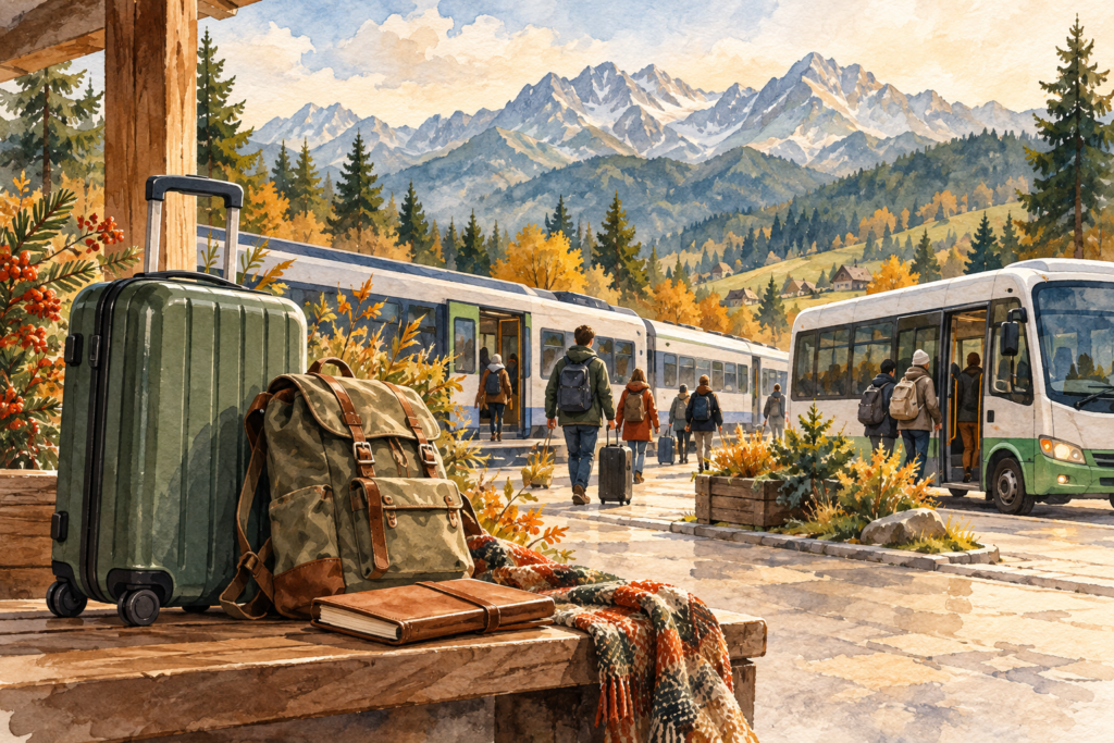 Dworzec Zakopane - malarska ilustracja bagażu, pociągu i autobusu na tle Tatr, symbolizująca planowanie przesiadki.