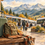 Dworzec Zakopane - malarska ilustracja bagażu, pociągu i autobusu na tle Tatr, symbolizująca planowanie przesiadki.