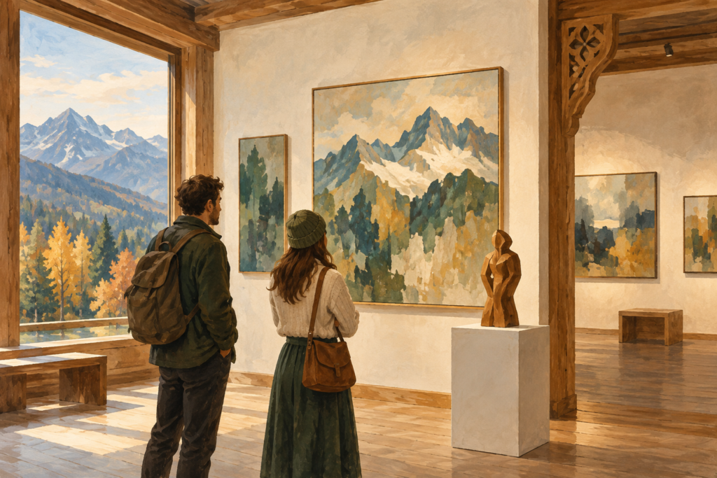 Wystawy Zakopane - malarska ilustracja zwiedzających galerię sztuki z pejzażami Tatr i drewnianą rzeźbą.