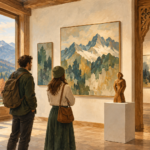 Wystawy Zakopane - malarska ilustracja zwiedzających galerię sztuki z pejzażami Tatr i drewnianą rzeźbą.