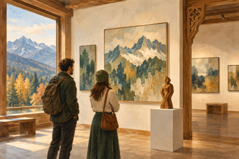 Wystawy Zakopane - malarska ilustracja zwiedzających galerię sztuki z pejzażami Tatr i drewnianą rzeźbą.