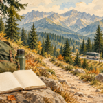 Kuźnice Zakopane - malarska ilustracja przygotowania wizyty, z plecakiem, notesem i busem na tle podhalańskiej przyrody.