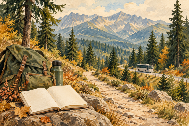 Kuźnice Zakopane - malarska ilustracja przygotowania wizyty, z plecakiem, notesem i busem na tle podhalańskiej przyrody.