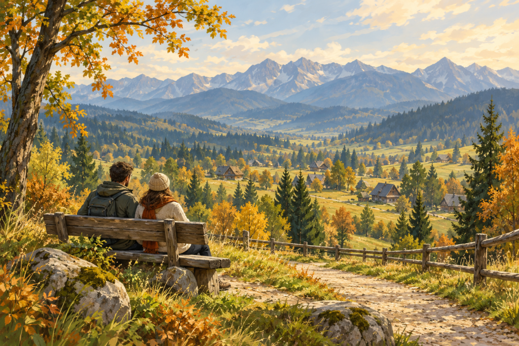 Zakopane na spokojnie - Spokojny pobyt Zakopane - malarska ilustracja odpoczynku na ławce przy podhalańskiej ścieżce z górami w tle