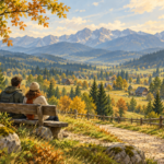 Zakopane na spokojnie - Spokojny pobyt Zakopane - malarska ilustracja odpoczynku na ławce przy podhalańskiej ścieżce z górami w tle