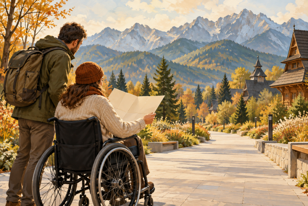 Zakopane dostępność atrakcji - Zakopane dostępność - malarska ilustracja osoby na wózku planującej zwiedzanie Podhala z towarzyszem.