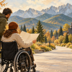 Zakopane dostępność atrakcji - Zakopane dostępność - malarska ilustracja osoby na wózku planującej zwiedzanie Podhala z towarzyszem.