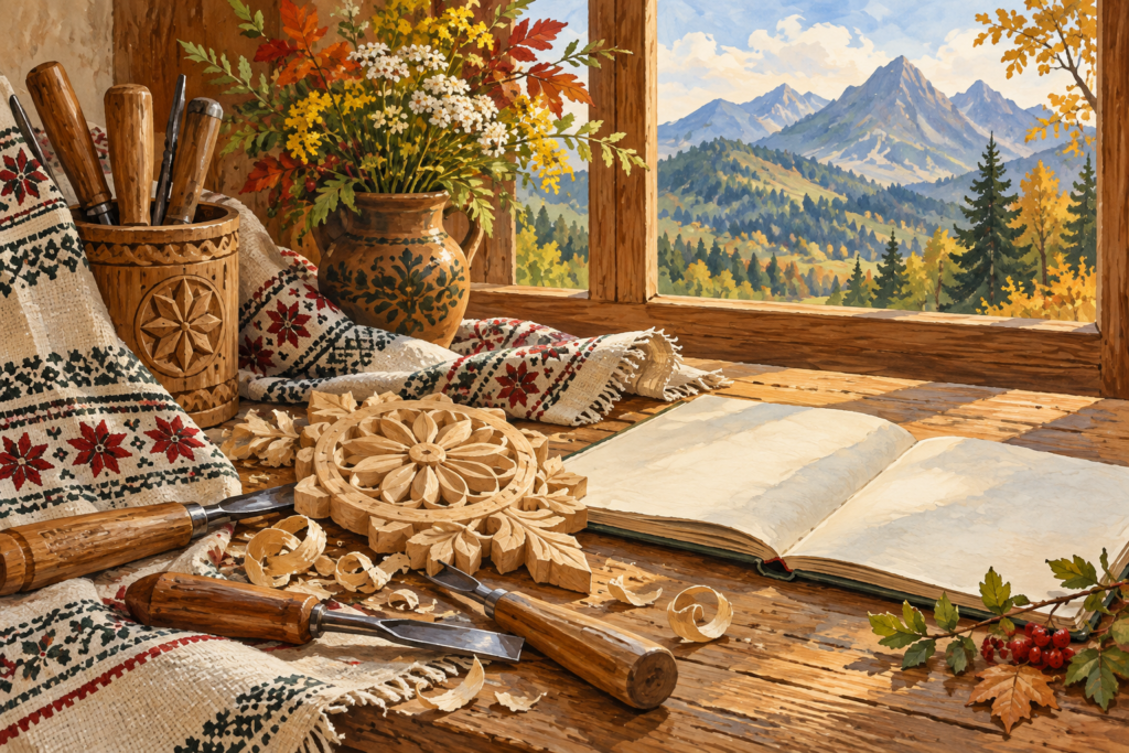 Czerwony Dwór Zakopane - malarska ilustracja podhalańskiego rzemiosła, drewnianej rozety i tkaniny na tle gór