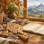 Czerwony Dwór Zakopane - malarska ilustracja podhalańskiego rzemiosła, drewnianej rozety i tkaniny na tle gór
