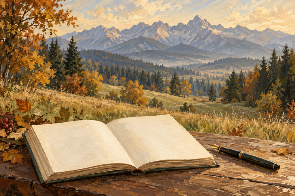 Harenda Zakopane - malarska ilustracja książki i pióra na tle jesiennego krajobrazu Podhala i Tatr