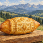 Oscypek Podhale - malarska ilustracja regionalnego sera na drewnianej desce na tle zielonych łąk i gór.