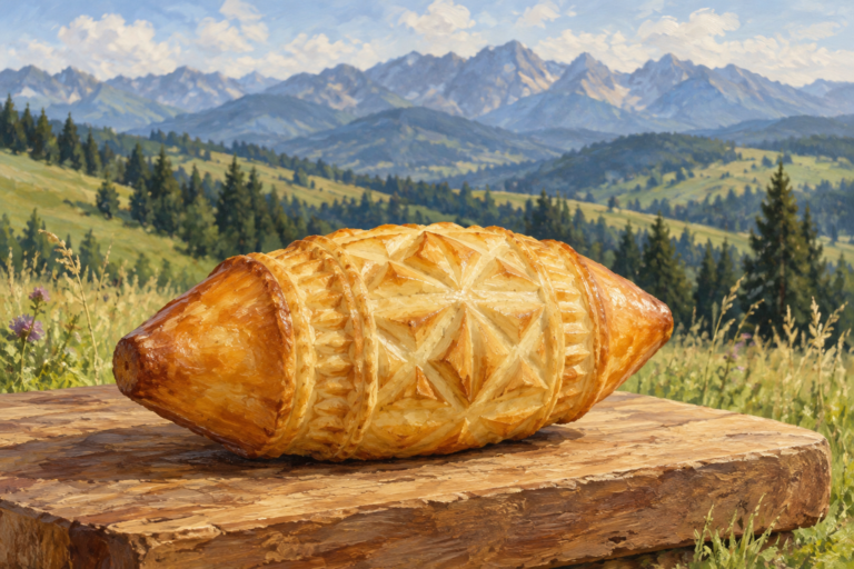 Oscypek Podhale - malarska ilustracja regionalnego sera na drewnianej desce na tle zielonych łąk i gór.