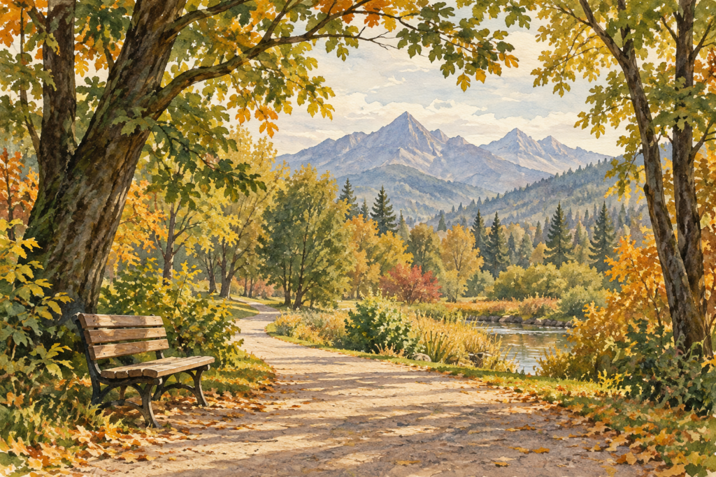 Park Miejski Zakopane - malarska ilustracja spokojnej alejki i ławki w jesiennej zieleni na tle gór Podhala.