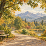 Park Miejski Zakopane - malarska ilustracja spokojnej alejki i ławki w jesiennej zieleni na tle gór Podhala.