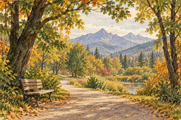 Park Miejski Zakopane - malarska ilustracja spokojnej alejki i ławki w jesiennej zieleni na tle gór Podhala.