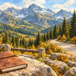 Morskie Oko parking - malarska ilustracja planowania dojazdu, z samochodem i notesem na tle Tatr i Podhala