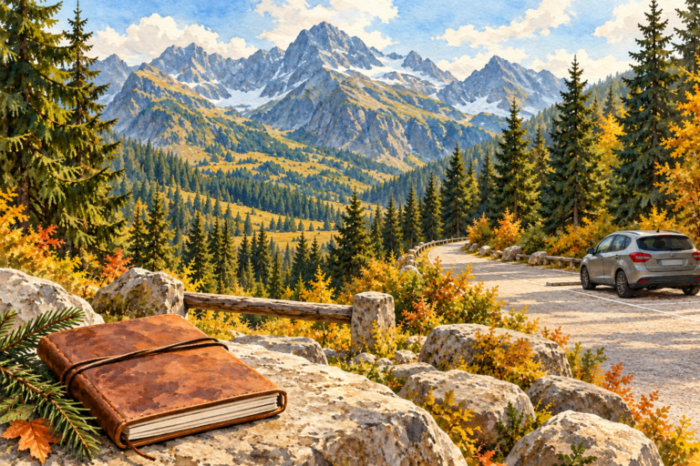 Morskie Oko parking - malarska ilustracja planowania dojazdu, z samochodem i notesem na tle Tatr i Podhala