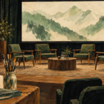 Debata w Kinie Miejsce - symboliczna ilustracja sali spotkań z rzeźbą i malarskim pejzażem Tatr.