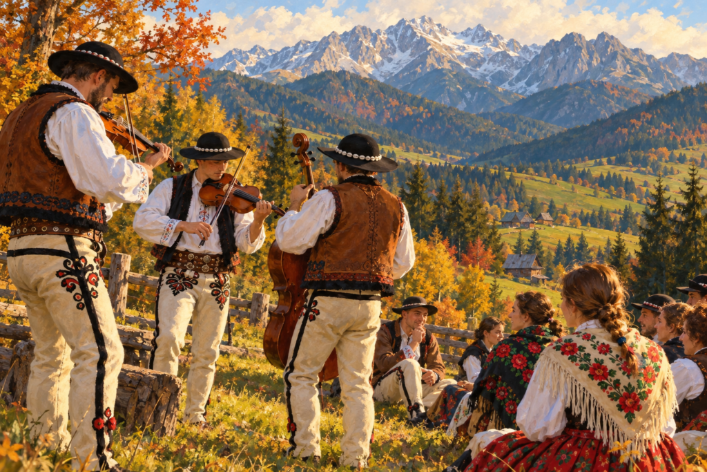 Spotkanie folklorystyczne w Kuźnicach - ilustracja muzyków i słuchaczy w górskiej scenerii
