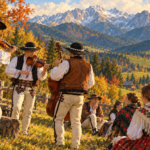 Spotkanie folklorystyczne w Kuźnicach - ilustracja muzyków i słuchaczy w górskiej scenerii