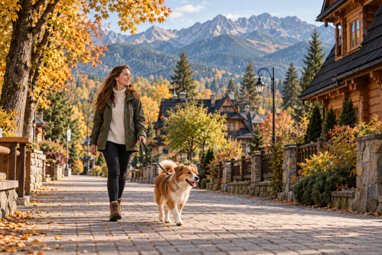 Zakopane z psem - ilustracja spaceru z psem na smyczy po miejskiej ścieżce