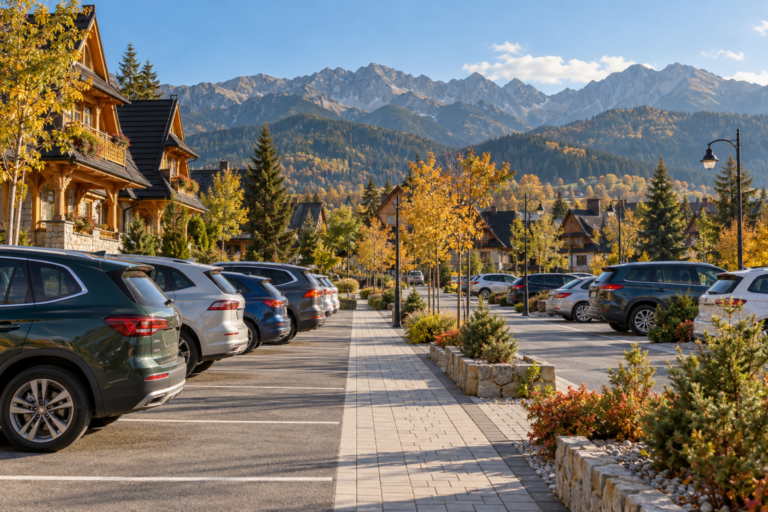 Parking w Zakopanem - ilustracja postoju samochodów w otoczeniu regionalnej zabudowy