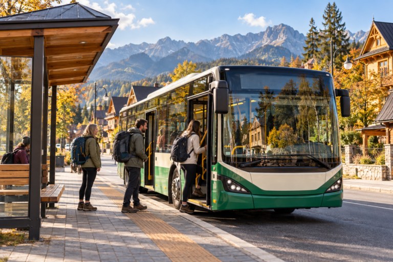 Komunikacja miejska w Zakopanem - ilustracja autobusu i pasażerów na przystanku