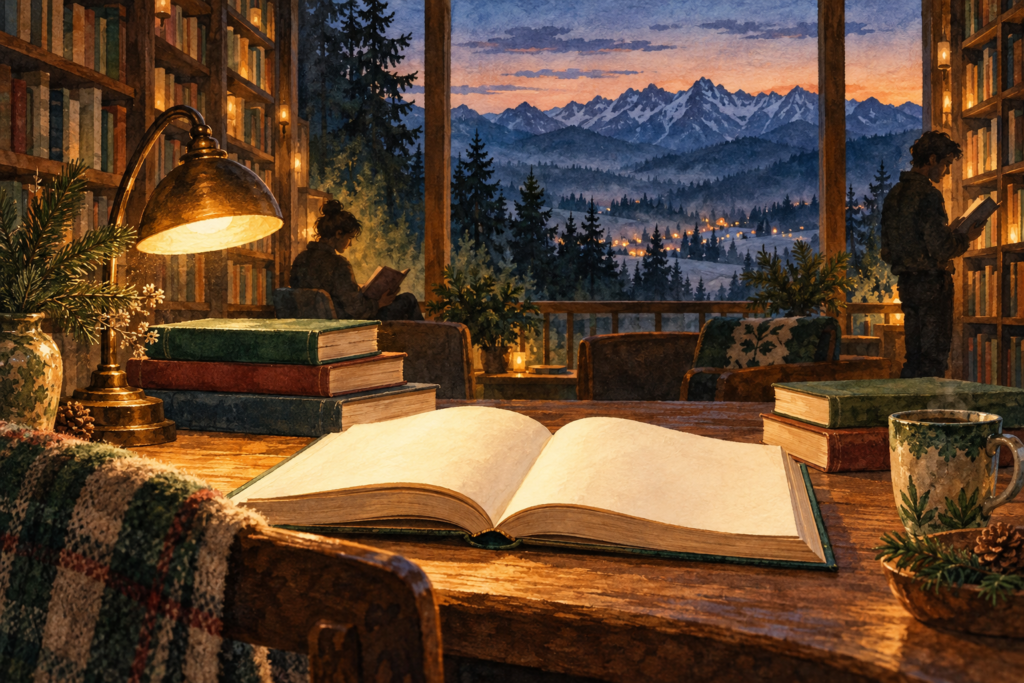 Noc Bibliotek 2026 - malarska ilustracja książek i ciepłego światła lampy na tle wieczornego Podhala.