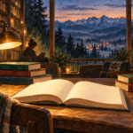 Noc Bibliotek 2026 - malarska ilustracja książek i ciepłego światła lampy na tle wieczornego Podhala.