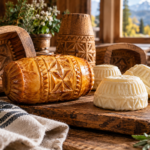 Muzeum Oscypka Zakopane - ilustracja serów podhalańskich i drewnianych foremek na stole