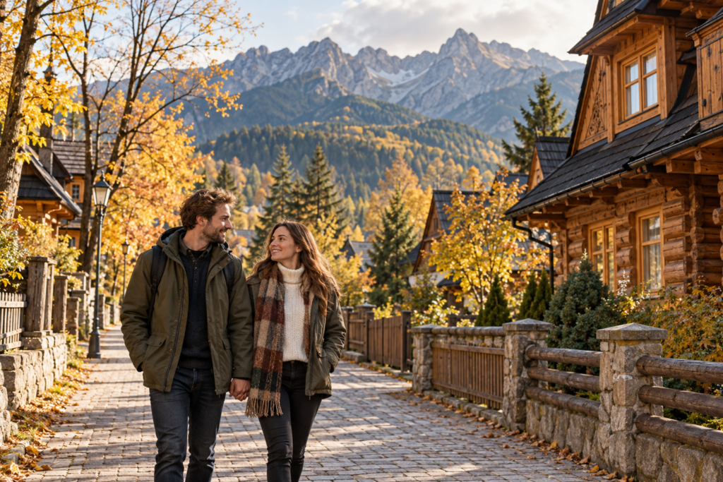 Zakopane dla par - ilustracja pary podczas spaceru w otoczeniu drewnianej zabudowy