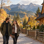 Zakopane dla par - ilustracja pary podczas spaceru w otoczeniu drewnianej zabudowy
